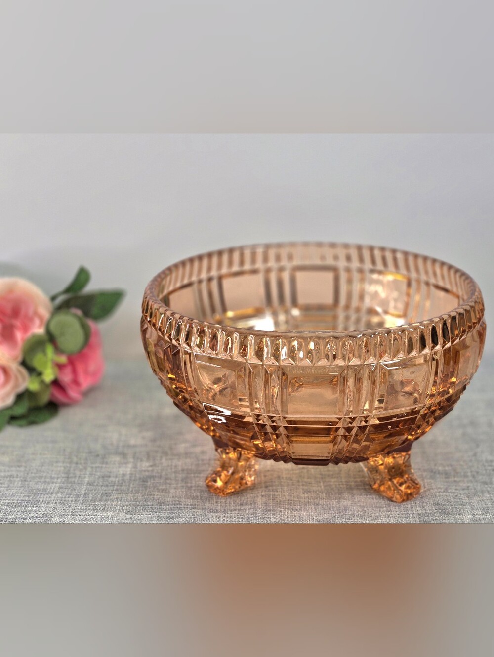 Vintage Depression Era Floral Etched Pink Footed Imperial Glass Serving Bowl 9"